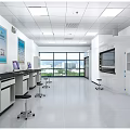 Modern Laboratory Interior with Long Lab Tables Computers Windows Outdoor View and Cabinets 3d model