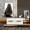 Modern TV Stand With Gold Accents White Drawers Against Marble Wall And Decorative Art