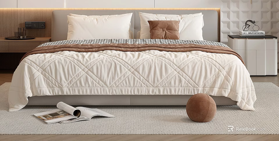 Double Bed With White Quilt Brown Throw Pillow Open Magazines And Cozy Rug 3d model 
