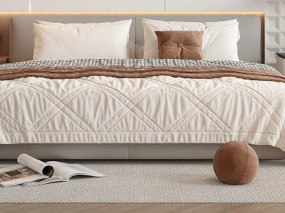 Double Bed With White Quilt Brown Throw Pillow Open Magazines And Cozy Rug 3d model