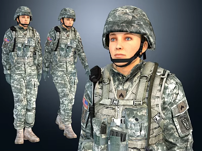 059 Female Soldier with Skeleton with Animation American Soldier Female Soldier Special Forces American Blue Foreign Army Female Soldier Camouflage Uniform 3d model