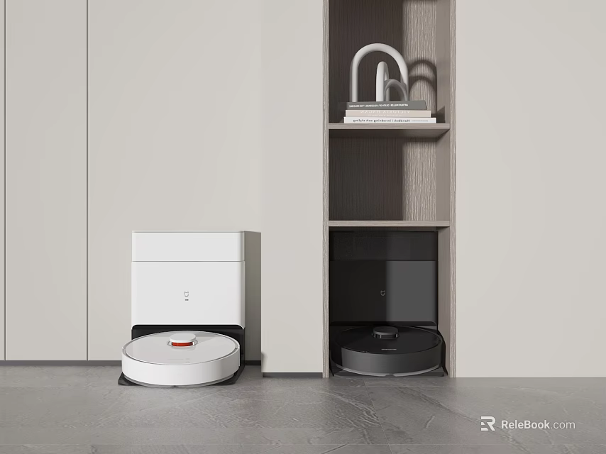 Modern Home Interior Featuring White And Black Robotic Vacuum Cleaners Beside Minimalist Cabinet 3d model 