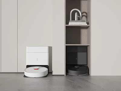Modern Home Interior Featuring White And Black Robotic Vacuum Cleaners Beside Minimalist Cabinet 3d model