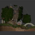 Charming Cartoon Scene With Stone House Well Wooden Boat Stone Bridge And Little Chicks