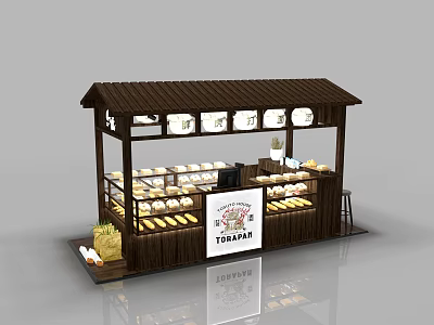 Wooden Dessert Shop Stall With Roof And Display Case Filled With Pastries 3d model