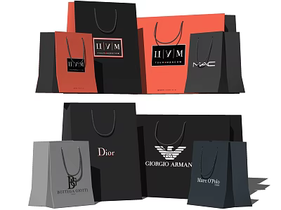Stylish Designer Shopping Bags From H&M Dior Armani And Balenciaga In Various Colors 3d model