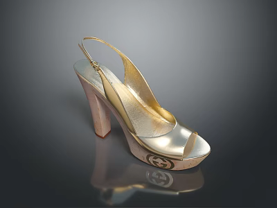 Fashionable Gold Peep Toe Platform High Heels With Metallic Finish And Brand Logo 3d model