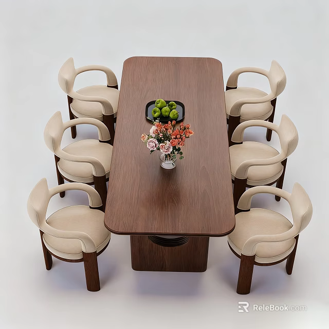 Walnut Wood Dining Table With Six Beige Upholstered Chairs Fruit Bowl And Flower Vase 3d model 