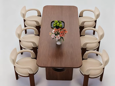 Walnut Wood Dining Table With Six Beige Upholstered Chairs Fruit Bowl And Flower Vase 3d model