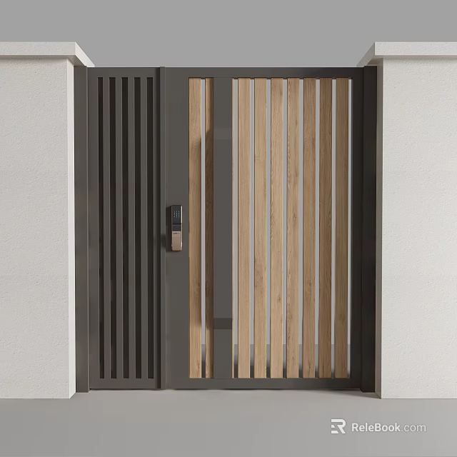 Modern Entrance Door Design With Wooden Vertical Slats And Metal Frame Features 3d model 