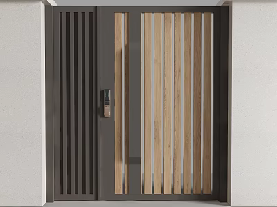 Modern Entrance Door Design With Wooden Vertical Slats And Metal Frame Features 3d model