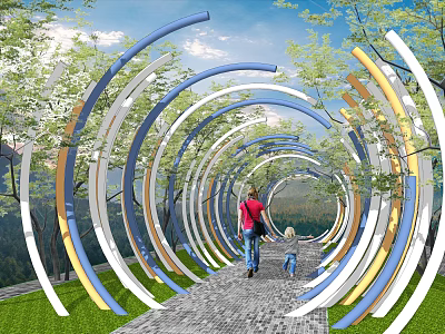 Colorful Curved Arches Garden Landscape With Pedestrian Path Adults Children Walking Green Trees And Grass 3d model