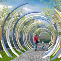 Colorful Curved Arches Garden Landscape With Pedestrian Path Adults Children Walking Green Trees And Grass