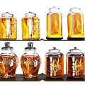 Decorative Glass Jars With Yellow Liquid And Carved Patterns On Black Trays