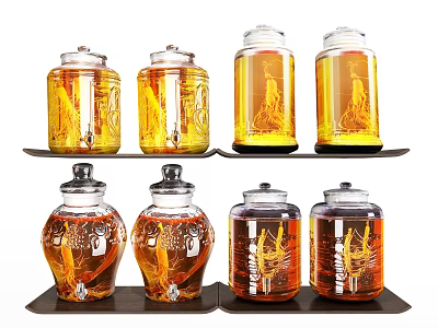 Decorative Glass Jars With Yellow Liquid And Carved Patterns On Black Trays 3d model
