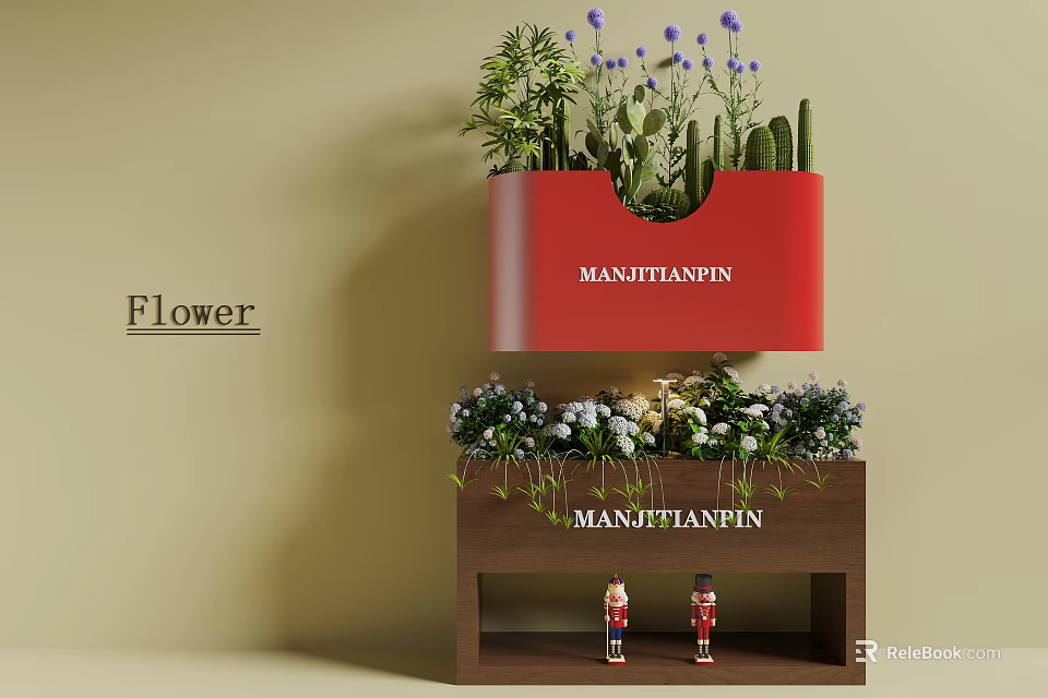 Beautiful Flower Arrangement With Mixed Plants Small Soldier Dolls On Brown Shelf And Red Container 3d model 