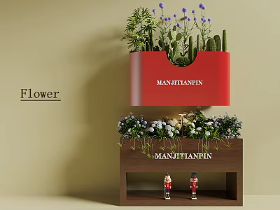 Beautiful Flower Arrangement With Mixed Plants Small Soldier Dolls On Brown Shelf And Red Container 3d model