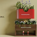 Beautiful Flower Arrangement With Mixed Plants Small Soldier Dolls On Brown Shelf And Red Container