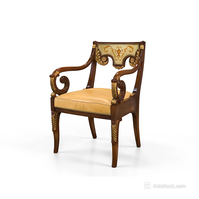 Elegant Accent Chair with Carved Wooden Frame Beige Upholstery and Gold Decorative Details 3d model 