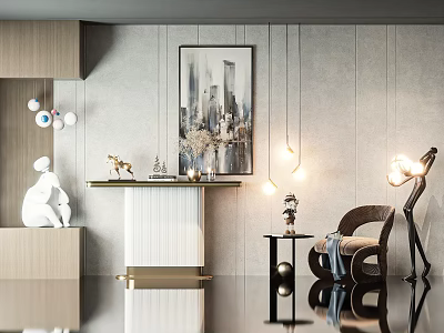 Modern Elegant Console Table Design With Wall Art Decorative Items And Pendant Lights 3d model