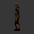 Futuristic Character With Short Hair In Orange And Black Outfit Standing Against Gray Background