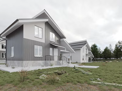 Modern Detached House Exterior With Gray White Siding Gabled Roof And Grassland Surroundings 3d model