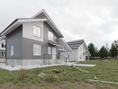 Modern Detached House Exterior With Gray White Siding Gabled Roof And Grassland Surroundings 3d model