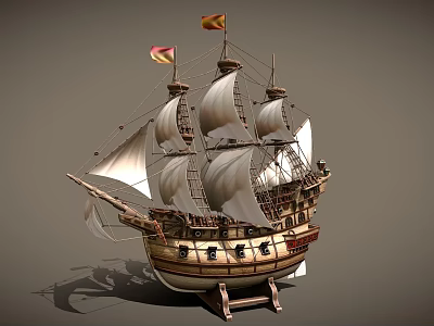 Ancient Wooden Sailing Ship With Multiple Masts White Sails And Flags 3d model