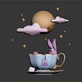 Whimsical Scene With Blue Cup Purple Rabbit Saucer Spoon Cloud Moon And Stars
