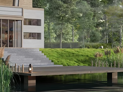 Scenic View Of Modern House With Large Windows Steps And Wooden Dock By Calm Water 3d model