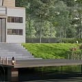 Scenic View Of Modern House With Large Windows Steps And Wooden Dock By Calm Water