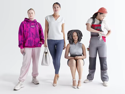Group of Four Women in Various Fashion Styles Standing and Sitting Together 3d model