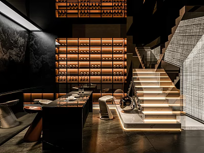 Elegant Modern Wine Cellar Interior With Illuminated Racks Bottles And Staircase 3d model