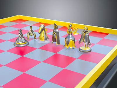 Chessboard Game Entertainment Featuring Red Gray Squares Yellow Border And Stylish Chess Pieces 3d model