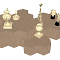 Modern Wooden Hexagonal Display Shelves Showcasing Golden Trophies And Decorative Pieces