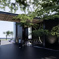 Modern Sales Office Building Featuring Glass Curtain Walls Gray Stone Green Plants And Lawn Entrance