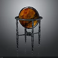 Decorative Orange Red Globe on Silver Metal Stand Featuring Intricate Legs and Smooth Surface