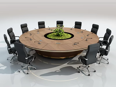 Modern Round Wooden Conference Table With Black Leather Chairs And Green Plant Centerpiece 3d model
