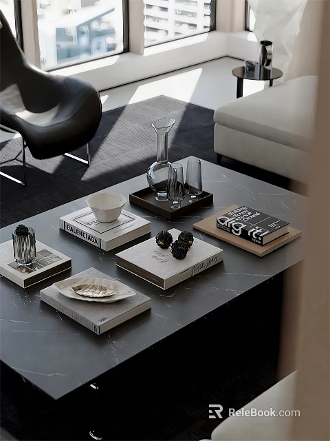 Modern Coffee Table with Stacked Books Decorative Balls Glass Vase and Tray 3d model 