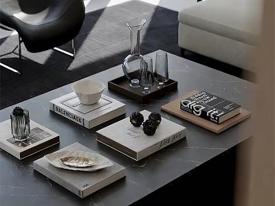 Modern Coffee Table with Stacked Books Decorative Balls Glass Vase and Tray 3d model
