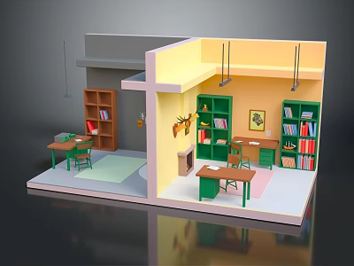 Cartoon Interior Scene with Green Bookshelves Tables Chairs Books and Wall Decor in Study Area 3d model