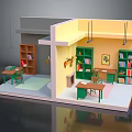 Cartoon Interior Scene with Green Bookshelves Tables Chairs Books and Wall Decor in Study Area
