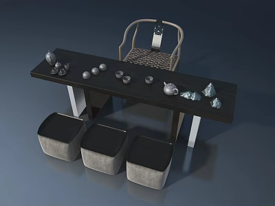 Sleek Swing Door Design With Dark Table Silver Decorations Wicker Chair And Gray Stools 3d model