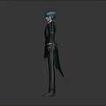 3D Character Model With Teal Hair Ornamental Outfit And Two Swords Sheathed Unsheathed