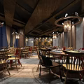 Industrial Style Restaurant Interior With Wooden Decor Pendant Lights And Colorful Chairs