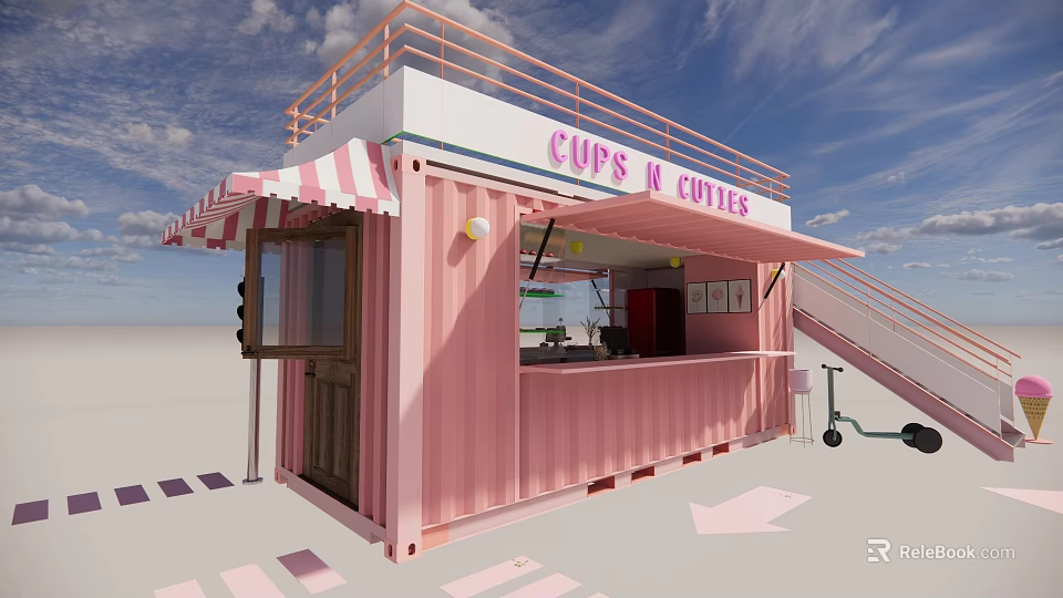 Charming Pink Container Converted Milk Tea Shop with Striped Awning Staircase and Terrace 3d model 