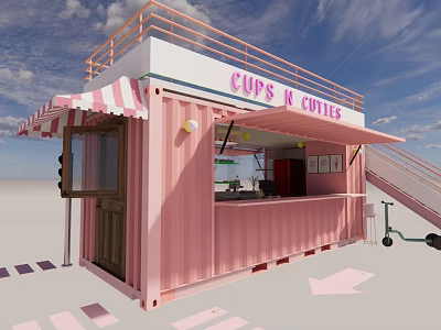 Charming Pink Container Converted Milk Tea Shop with Striped Awning Staircase and Terrace 3d model