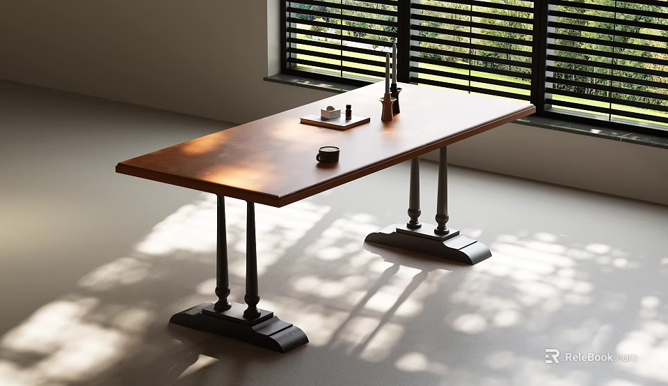 Long Wooden Dining Table With Metal Legs And Minimal Items In Sunlit Room Shadows 3d model 
