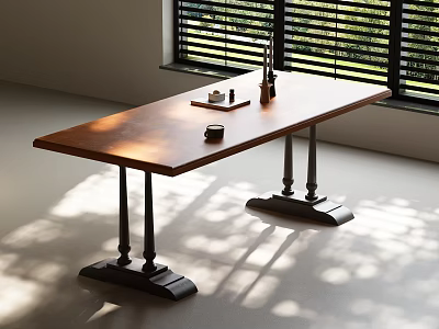 Long Wooden Dining Table With Metal Legs And Minimal Items In Sunlit Room Shadows 3d model