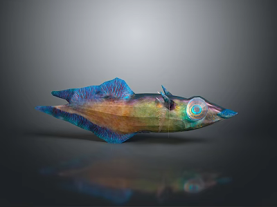 Colorful Squid Sculpture with Blue Fins Green Purple Body Large Eyes on Gray Background Reflection 3d model